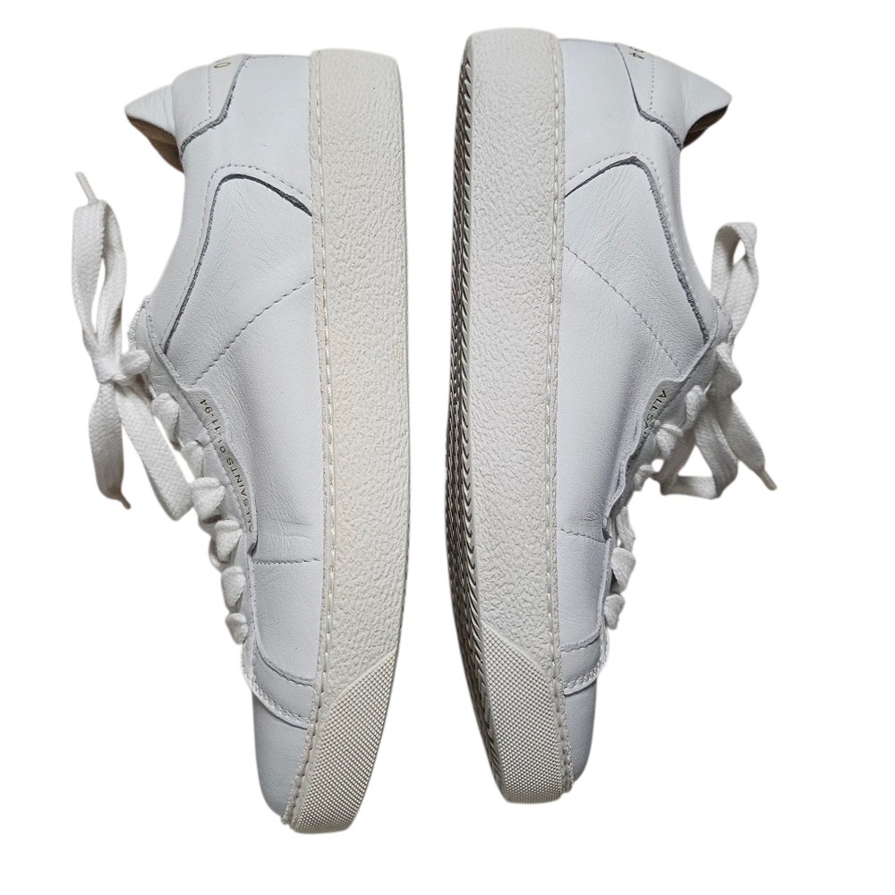 ALLSAINTS Sneaker White Leather Low Top Sheer Tennis Shoe Gold Lettering sz 7